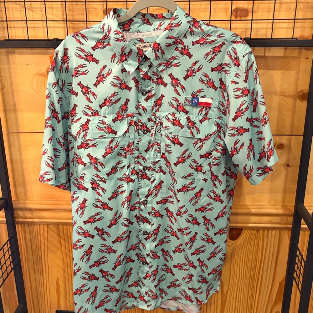 Magellan Outdoors Men's Teal Lobster Print Shirt